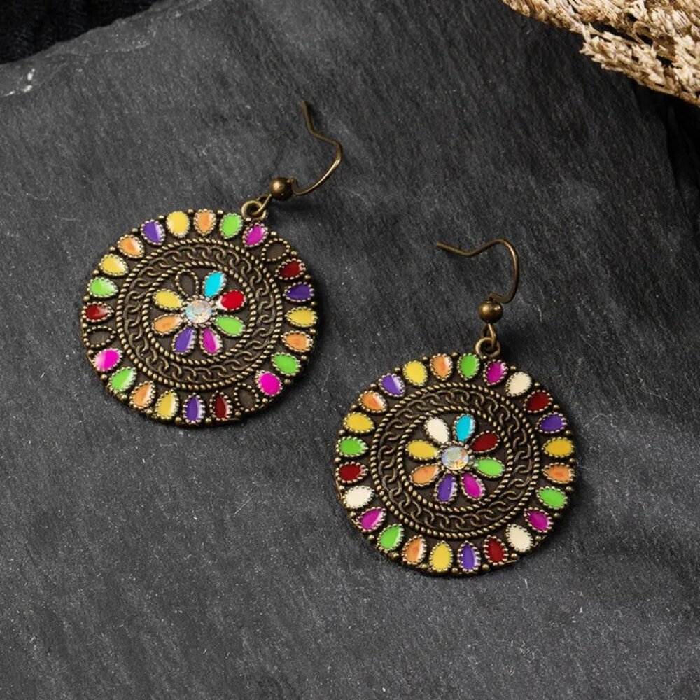 3/$35 Ethnic Dangle Drop Fashion Earrings Antique Gold Round Colourful Stones - Picture 6 of 7